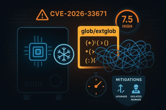 Cybersecurity warning graphic shows CVE-2026-33671 with 7.5 HIGH risk and mitigations icons.