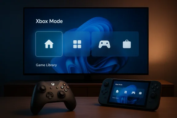 Xbox Mode interface displayed on a TV and handheld console above gamepad on a desk.
