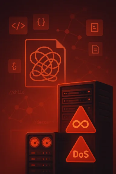 Abstract neon icon collage of folders, code, database, and server warnings with “Dos” and “child/descend”.