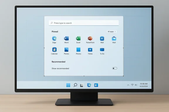 Desktop monitor showing a Windows Start menu with pinned Microsoft apps like Edge, Word, and Excel.