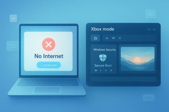 Futuristic image of a laptop showing “No Internet” alongside an “Xbox mode” security dashboard.
