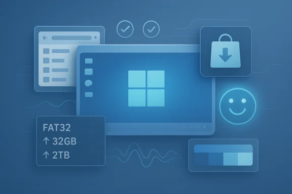 Illustration of FAT32 storage and file system icons with Windows logo, download, and checkmark.
