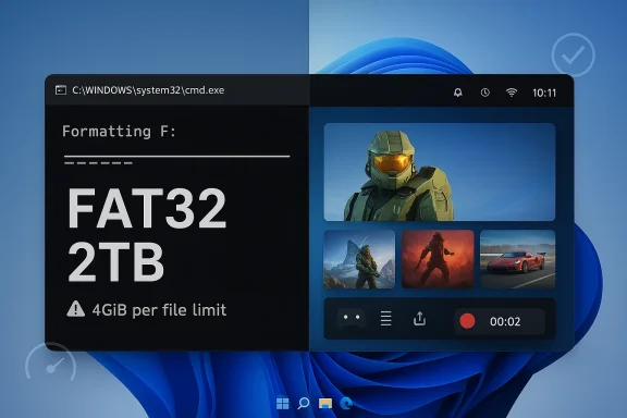 Windows command prompt shows formatting F: with “FAT32 2TB,” alongside a media player screen on Windows 11.