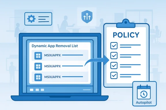 Illustration of an Autopilot system enforcing a policy with a dynamic app removal list on computers.