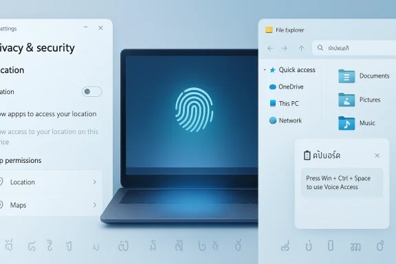 Windows interface shows privacy/security settings, file explorer, and voice access prompt with a laptop and fingerprint icon.