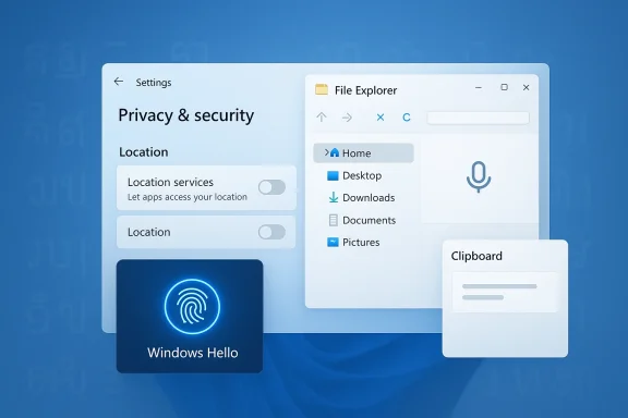 Windows Settings shows privacy and security alongside File Explorer, Windows Hello, and a Clipboard panel.