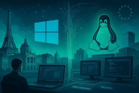 Futuristic cyberpunk scene of a person watching monitors beside a glowing penguin AI circuit icon.