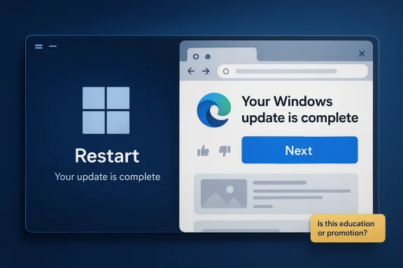 Windows update restart screen with “Your update is complete” and “Next” prompt on a split display.