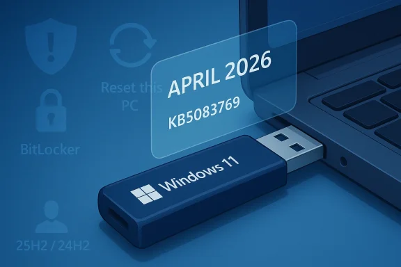 Windows 11 USB drive shows “April 2026” update KB5083769 with BitLocker-style security overlays.