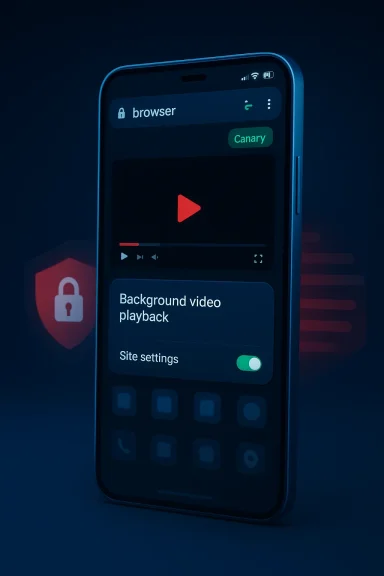 A smartphone screen shows Chrome “Canary” browser settings for background video playback.