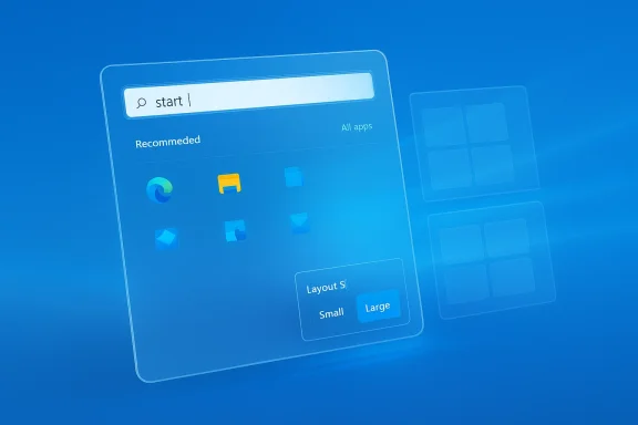 Futuristic desktop app menu on a blue screen, showing “Recommended” apps and layout size options.