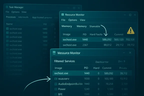 Windows Task Manager and Resource Monitor screenshots highlight memory usage and processes like svchost.exe.