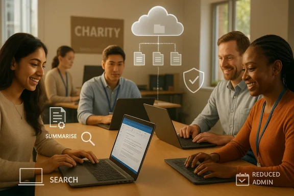 Team in a charity office collaborating on laptops with cloud, search, and admin UI icons overlayed.