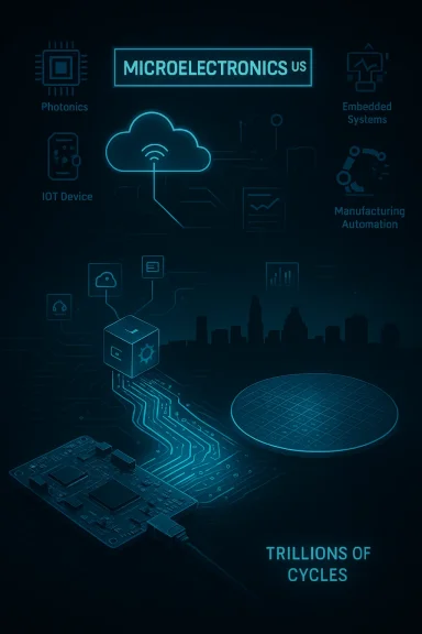 Neon cloud-network tech graphic connects microelectronics, IoT, embedded systems, and automation around a circuit board.