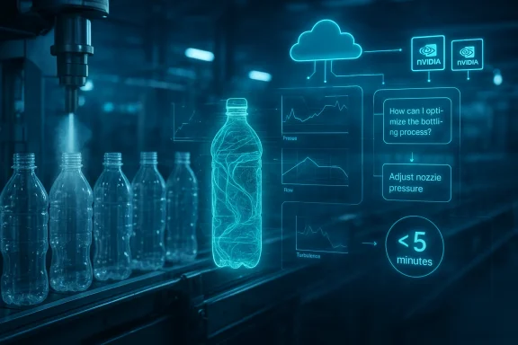 Bottling line with holographic AI cloud and NVIDIA icons optimizing the bottling process in minutes.