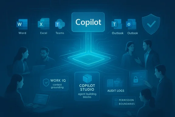 Blue tech-themed illustration showing Microsoft Copilot among productivity and security tools.