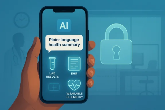 Hand holds a phone showing an AI plain-language health summary with EHR, lab results, and wearable telemetry icons.