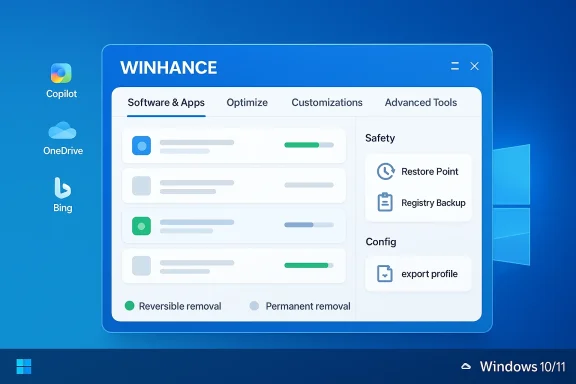 WINHANCE software dashboard showing optimization, safety tools, and configuration options for Windows 10/11.