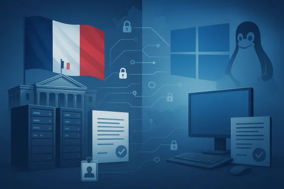 French flag and cybersecurity icons over servers and monitors, suggesting secure government data protection.
