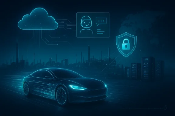 Glowing self-driving car on a futuristic cityscape with cloud, user, and cybersecurity lock icons.
