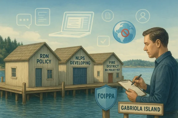 Man filling out forms beside water as signs call out “RDN policy,” “NLPs developing,” and “FOIPPA” in Gabriola Island.