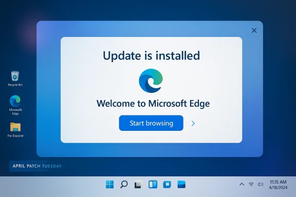 Windows update screen shows “Update is installed” welcoming you to Microsoft Edge with a Start browsing button.