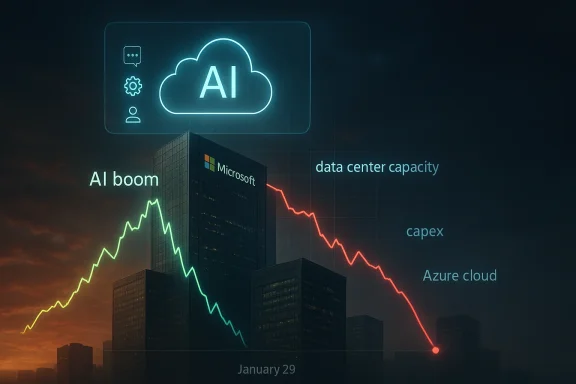 Neon AI cloud over Microsoft data-center skyline with green rise and red fall charts labeled capacity, capex, Azure.