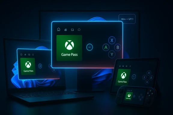 Neon-themed cloud gaming setup showing Game Pass screens across multiple devices.