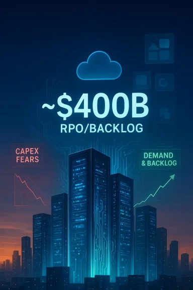 Futuristic city skyline with a cloud icon and “$400B RPO/BACKLOG” analytics overlay.