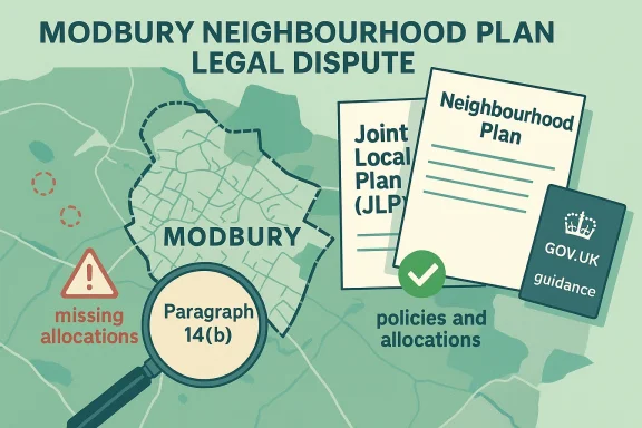 Infographic map showing “Modbury Neighbourhood Plan” legal dispute with JLP, guidance, and missing allocations.