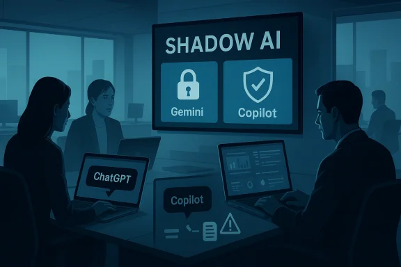 Office meeting with AI chatbots on screens labeled Shadow AI, Gemini, Copilot, and ChatGPT.