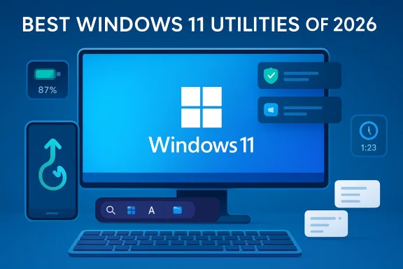 Futuristic blue tech graphic reading “Best Windows 11 utilities of 2026” with laptop and app icons.