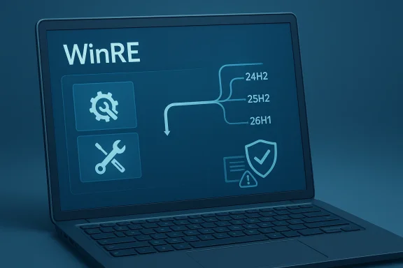 Laptop screen showing “WinRE” with system repair tools and malware-protection icons.
