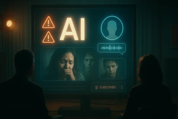 Two people watch a glowing TV screen with “AI” and user avatars, amid futuristic warning icons.