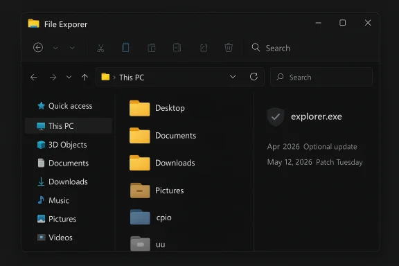 Windows File Explorer open on “This PC”, showing folders like Desktop, Documents, Downloads, and a file “explorer.exe”.