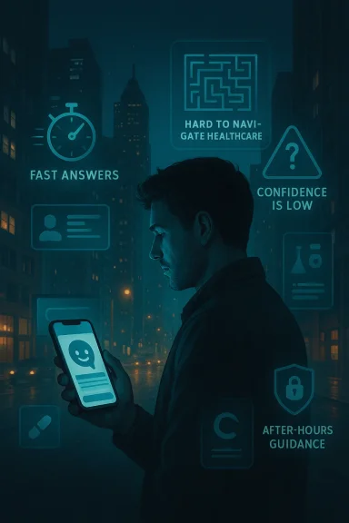 Man in a neon city at night studies a phone as AI health prompts warn of low confidence and hard navigation.