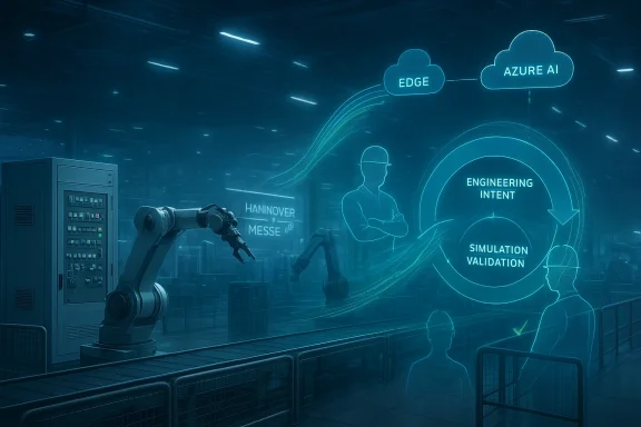 Futuristic factory control room with glowing AI workflow: Edge, Azure AI, engineering intent and simulation validation.