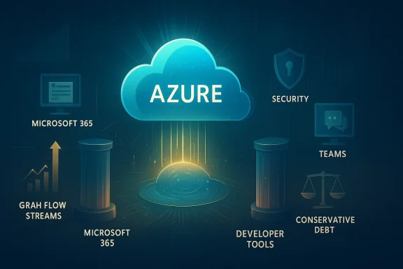 Azure cloud hub graphic with Microsoft 365, Security, Teams, developer tools and data streams icons.