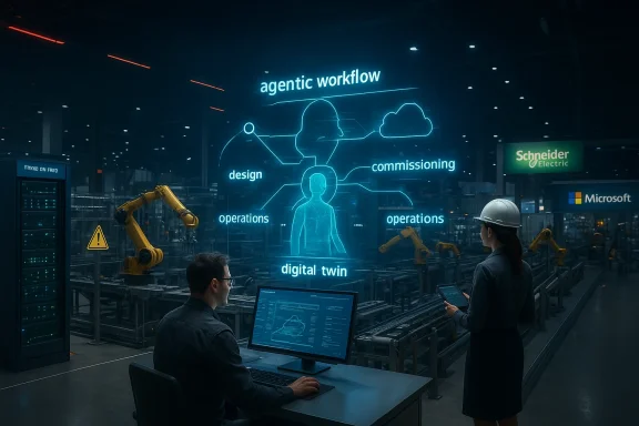 Engineers in a factory control room view a holographic “agentic workflow” digital twin with robots and neon labels.