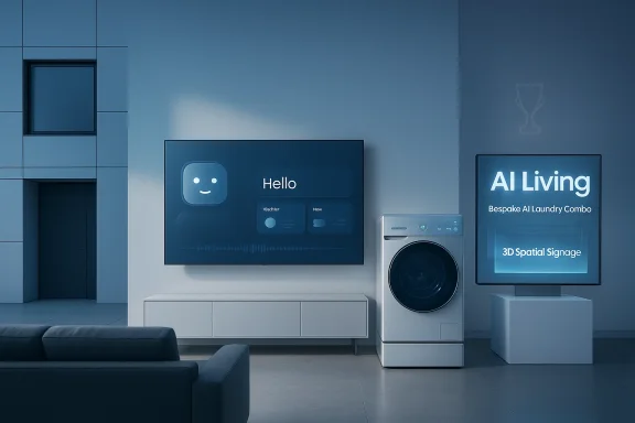 Futuristic living room with smart AI displays and a robotic-looking laundry machine.