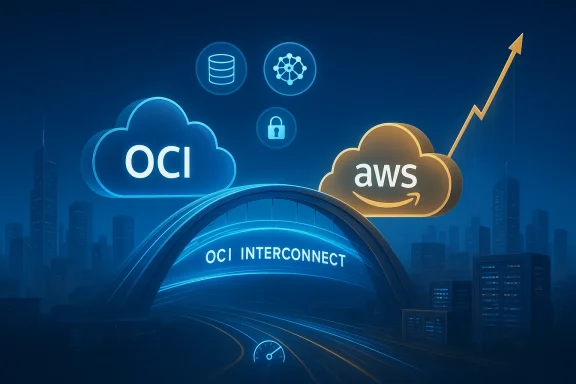 Futuristic cityscape showing OCI and AWS cloud icons with a glowing data network pathway.