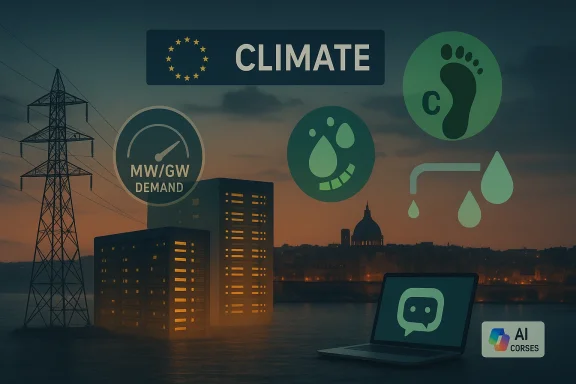 Climate-themed cityscape with power lines, buildings, and green energy and AI icons.