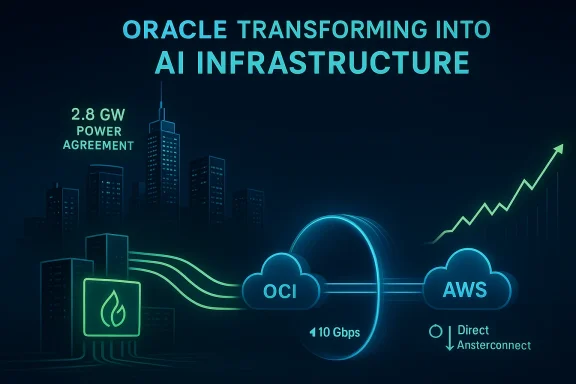 Futuristic infographic shows Oracle transforming into AI infrastructure via OCI, AWS, and 410 Gbps.