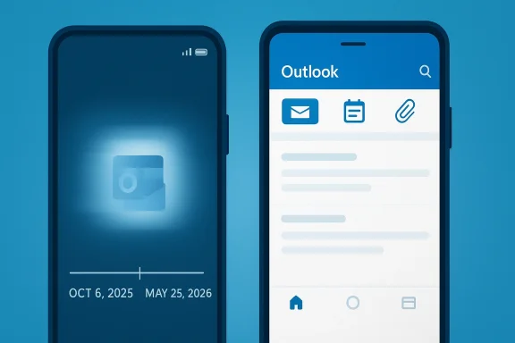 Two smartphones display Microsoft Outlook, with dates shown on the left and an Outlook mail list on the right.