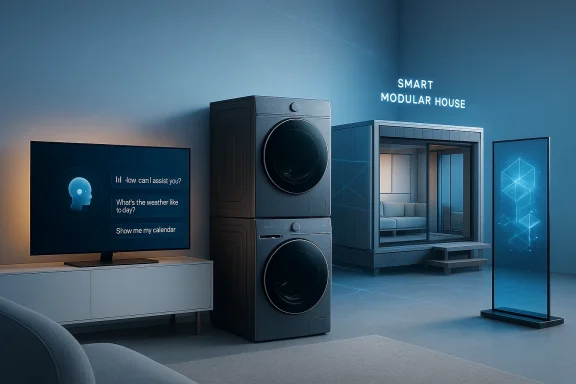Futuristic living room display showing a smart modular house, AI TV assistant, and smart appliances.