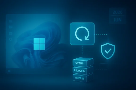 Glowing blue tech interface showing Windows setup, recovery, and repair with a security shield.