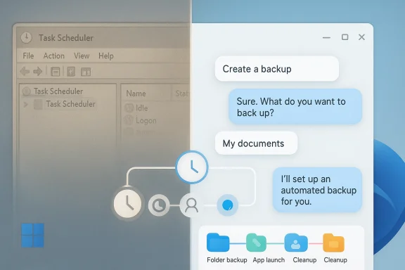 Windows Task Scheduler prompts to create a backup with options for documents or automated backup setup.