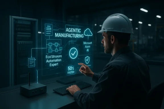 A factory engineer in a hard hat reviews an “Agentic Manufacturing” AI dashboard on a glowing screen.