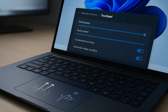 Laptop screen showing Bluetooth touchpad settings with scroll-speed sliders on a desk.