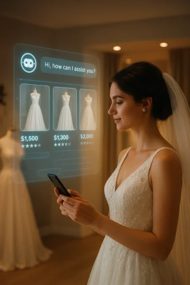 A bride in a white dress consults a phone and a virtual bridal-dress assistant display.